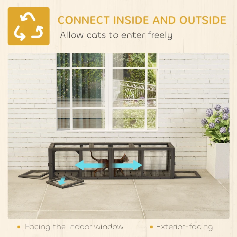 PawHut Outdoor Cat Tunnel, 59" Wooden Play Cat Enclosure, Extendable Pet Run with 3 Doors for Kitty, Puppy, Gray