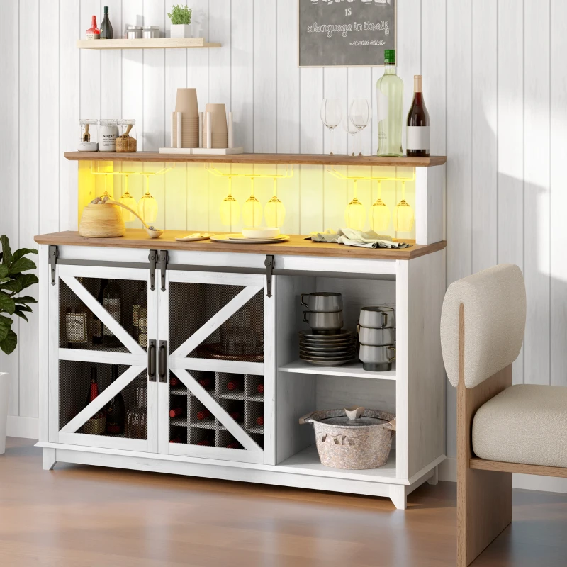 HOMCOM 55" Coffee Bar Cabinet with Lights, Farmhouse Wine Cabinet with Wine and Glass Racks for Kitchen, Dining Room, White