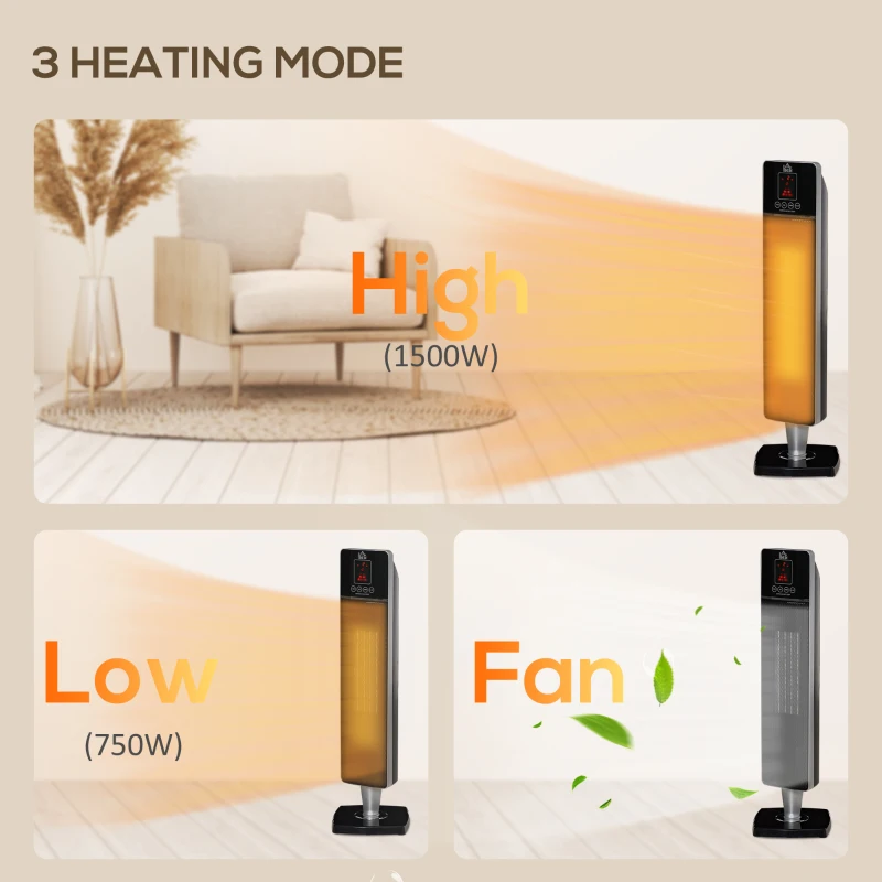 HOMCOM 2-In-1 Electric Space Heater, Oscillating Tower Heater for Indoor Use, with 3 Modes, 8H Timer, Remote, Tip-Over and Overheat Protection, 750W / 1500W, Black