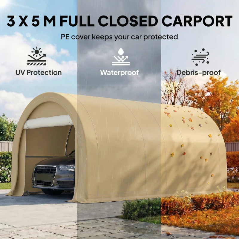 Outsunny 10' x 16' Heavy Duty Portable Carport Tent with Zippered Door, PE Cover for Car, Boat, Motorcycle, Bike, Beige