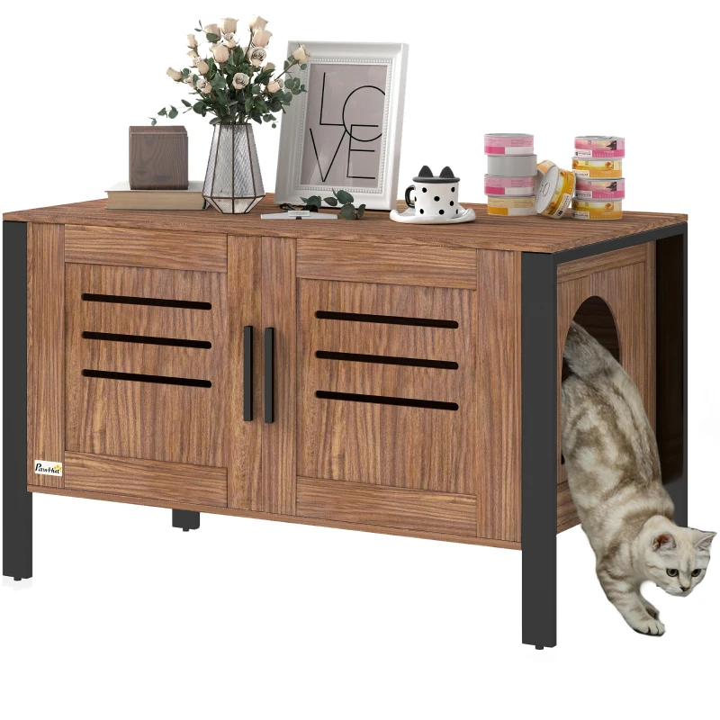 PawHut Cat Litter Box Enclosure with Tall Legs, Scratching Board, Dark Brown, 31.5"L x 17.7"W x 19.7"H