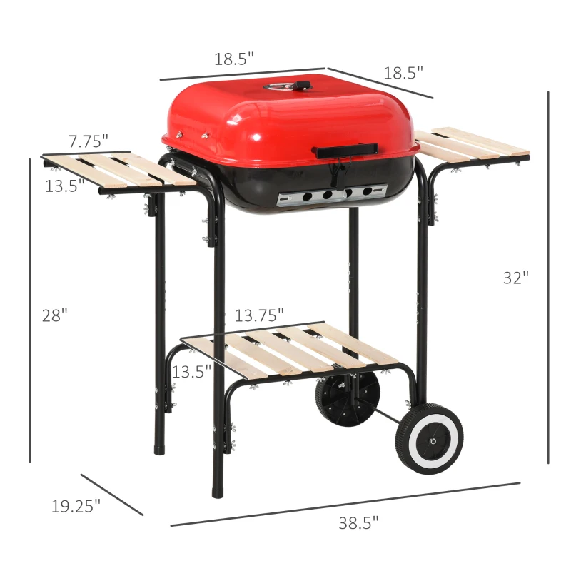 Outsunny Portable BBQ Grill Charcoal Grill with Wheels Bottom Shelf, 2 Tables and Adjustable Vents for Backyard Cooking, Red