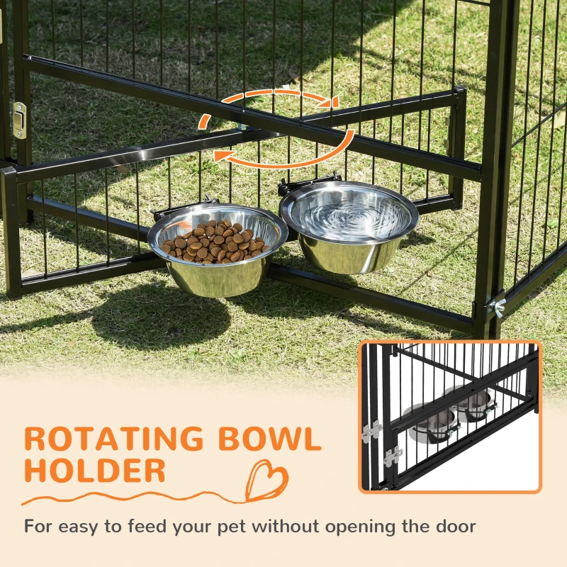 PawHut Outside Dog Kennel, 4.6' x 4.6' x 5' Puppy Play Pen w/ Canopy, Secure Lock, Heavy Duty Welded Wire Steel, Rotating Bowl, Garden Playpen Fence Crate Enclosure Cage for Dogs Chickens Ducks, Black