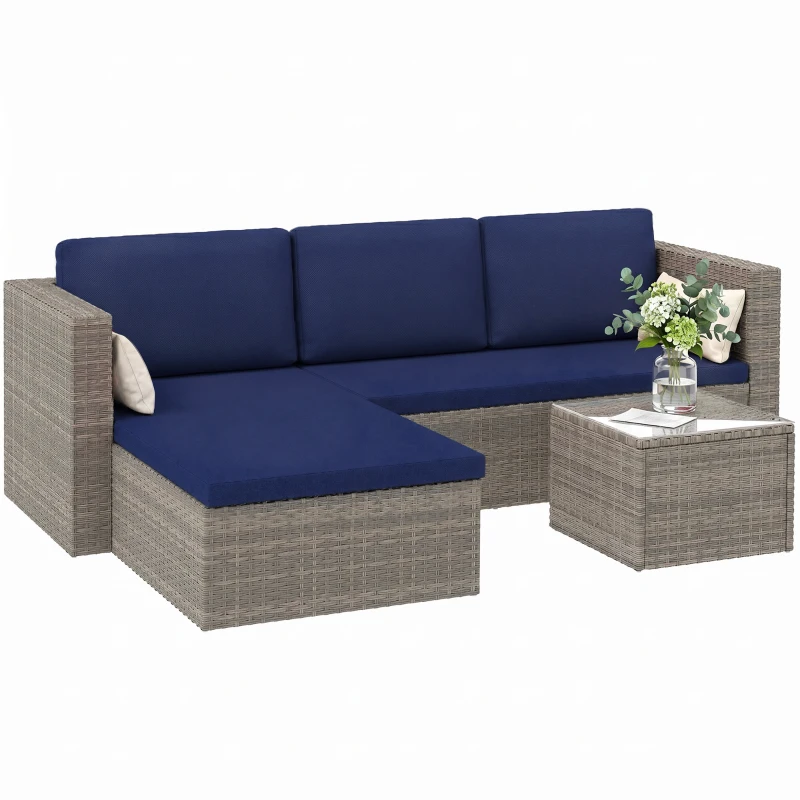 Outsunny 3pcs Modern Rattan Sofa Set, Wicker Patio Furniture Set with Coffee Table, Cushions, Pillows