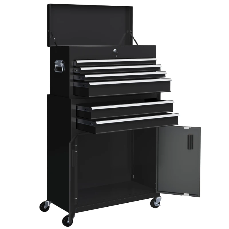 HOMCOM 6-Drawer Rolling Tool Chest, 2 in 1 Lockable Storage Cabinet with Hooks, Metal Tool Box for Garage, Workshop, Black