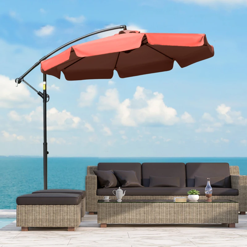 Outsunny 9' Offset Hanging Patio Umbrella, Cantilever Umbrella with Easy Tilt Adjustment, Cross Base and 8 Ribs for Backyard, Poolside, Lawn and Garden, Wine Red