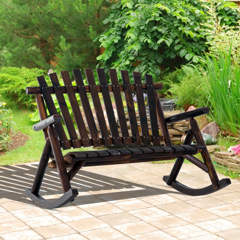 Outsunny Wooden Porch Rocking Chair, Wood Double Adirondack, Rocker for Indoor or Outdoor with High Rise Slatted Back, Carbonized