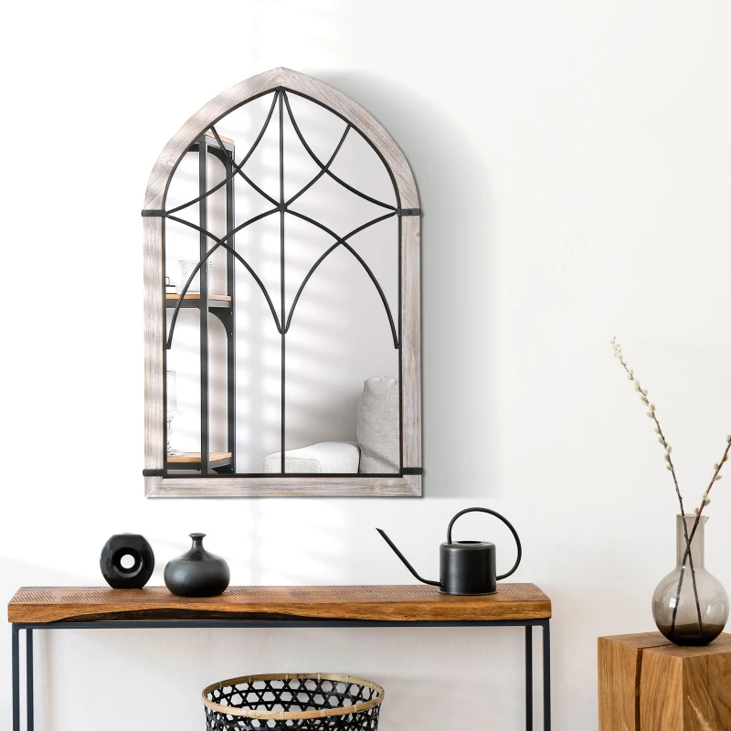 HOMCOM 36.5" x 23.5" Large Farmhouse Wall Mirror, Arch Window Mirror for Wall Decor in Living Room, Bedroom, Entryway, Rustic Wood Grain
