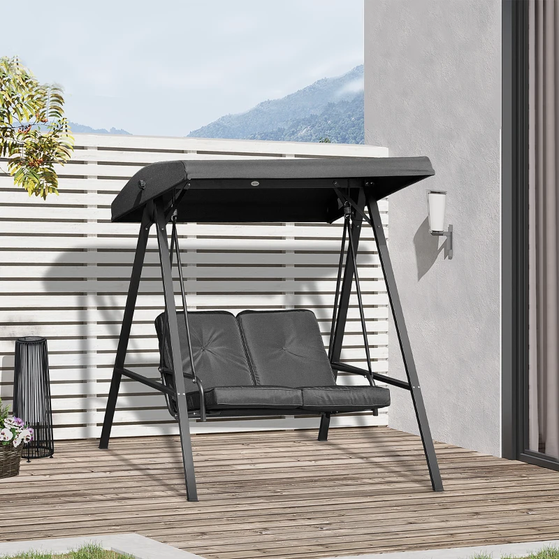 Outsunny 2 Seater Covered Outdoor Swing Chair Porch Swing Bench Lounger Hammock with Removable Cushion Tilt Canopy, Black