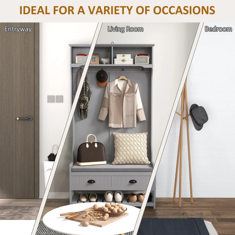 HOMCOM Coat Rack Shoe Bench, Hall Tree with Bench and Shoe Storage, Entryway Bench with 4 Hooks, 2 Drawers, 2 Shelves, Grey