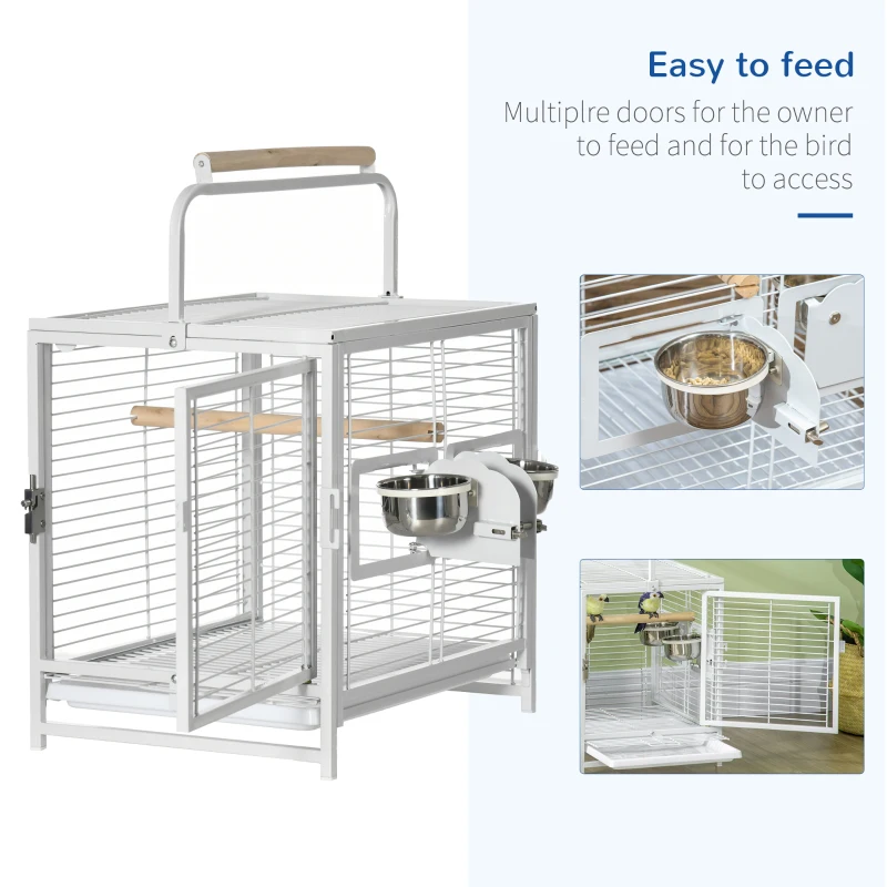 PawHut 18" Heavy Duty Wrought Iron Travel Bird Cage Carrier With Handle Perch And Accessories - White