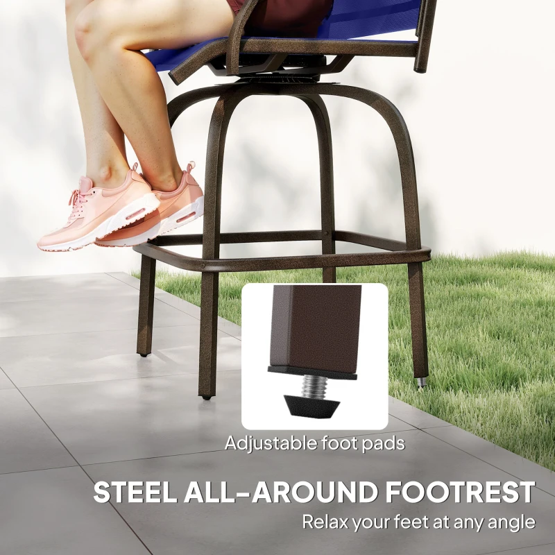 Outsunny Outdoor Bar Stools Set of 2, Swivel Bar Height Chairs with High Back, Curved Armrests and Steel Frame, Navy Blue