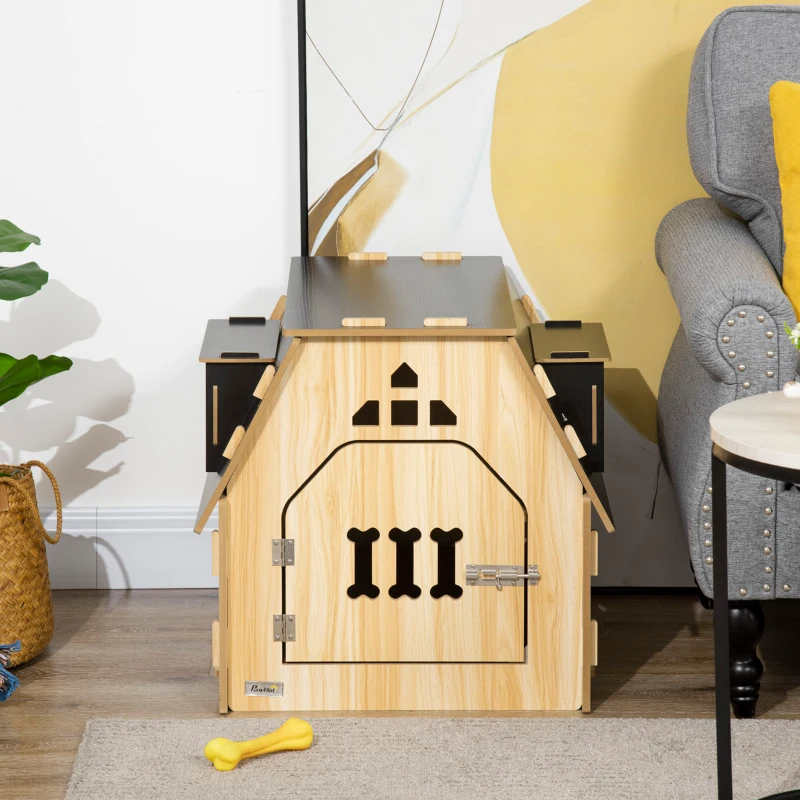 PawHut Cottage Design Small Dog House Indoor with Roomy Interior, Cute Wooden Pet Homee with Windows, Lockable Door with Bone Shape, for Small Sized Dog, Oak