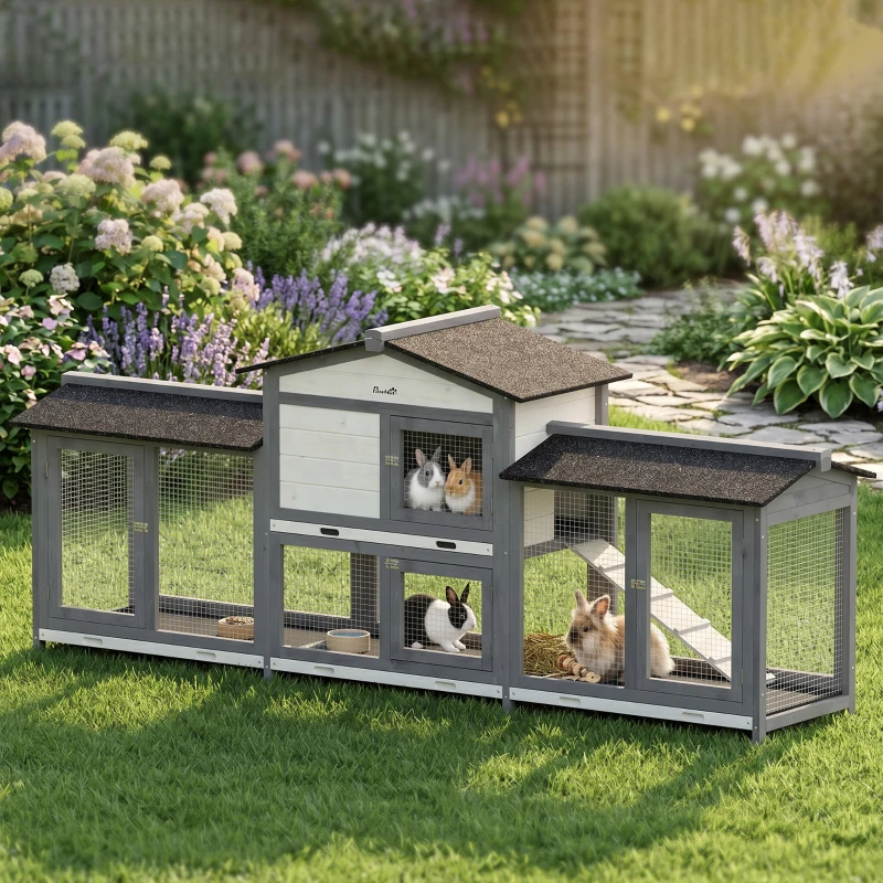 PawHut 90.5" Wooden Rabbit Hutch Bunny Cage Pet Playpen House Enclosure with Double Side Run Boxes, No Leak Tray, Light Gray