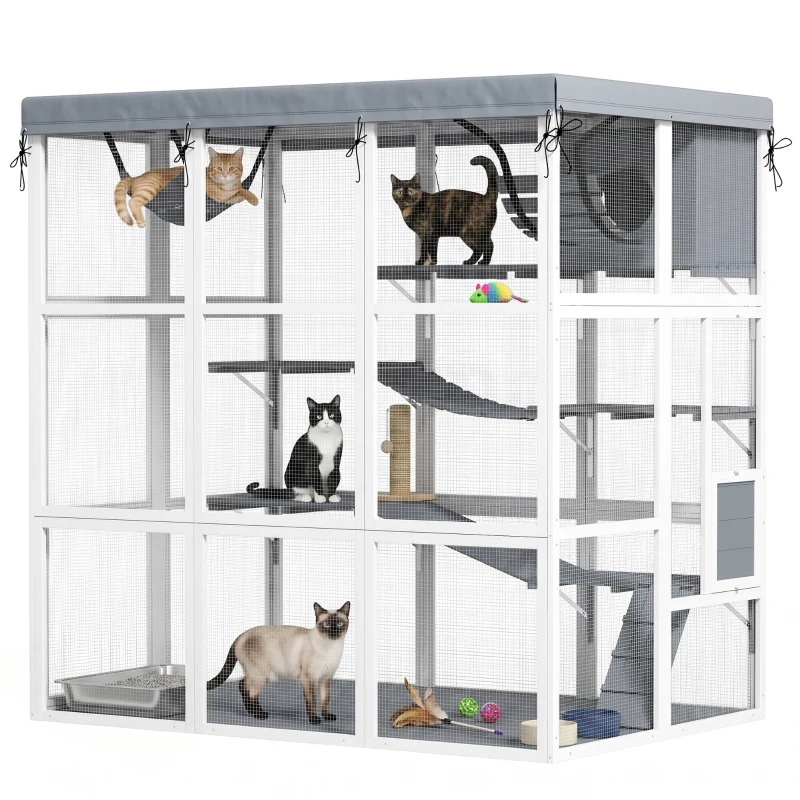 PawHut Large Outdoor Catio Cat Enclosure with Hammock, Condo, Jump Platforms, Ladders, Ramps, Tarp, for 2-4 Large Cats, Gray