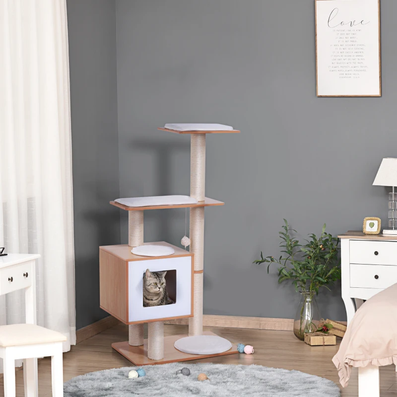PawHut 47” Modern Cat Tree Multi-Level Scratching Post With Cube Cave Enclosure - Oak Wood and White