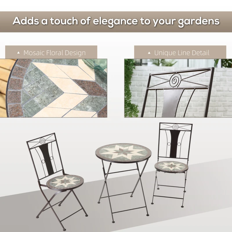 Outsunny 3 Piece Patio Bistro Set, Mosaic Pattern Metal Folding Chairs, Foldable Outdoor Dining Table for Decor, Garden, Poolside, Porch, Brown