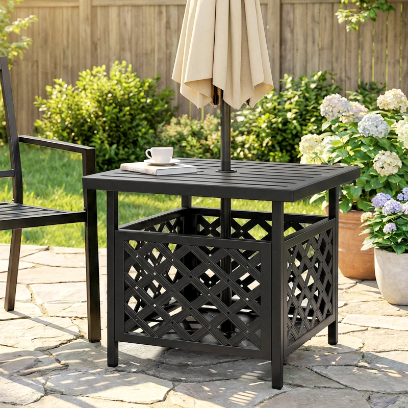 Outsunny 22" Outdoor Coffee Table, Patio Side Table with Umbrella Hole Slatted, Metal Top, for Garden, Backyard, Poolside, Black