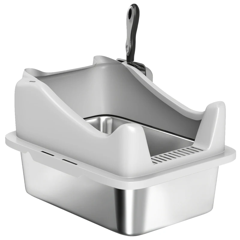 PawHut Cat Litter Box Stainless Steel with Metal Litter Scoop, Never Absorbs Odors, Anti Leakage, 17" x 13" x 10", Grey