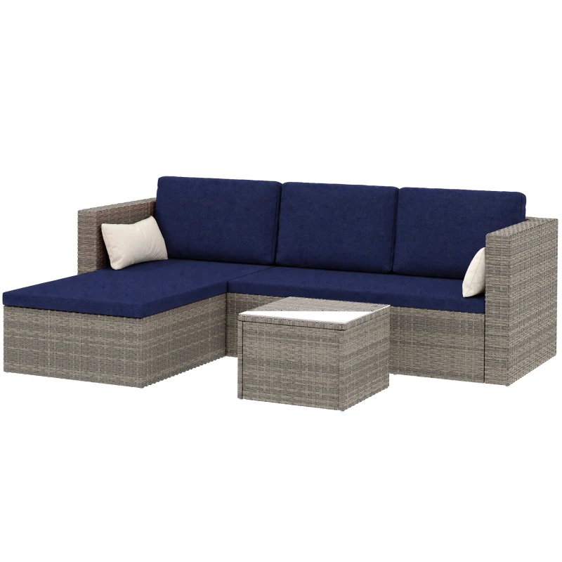 Outsunny 3pcs Modern Rattan Sofa Set, Wicker Patio Furniture Set with Coffee Table, Cushions, Pillows