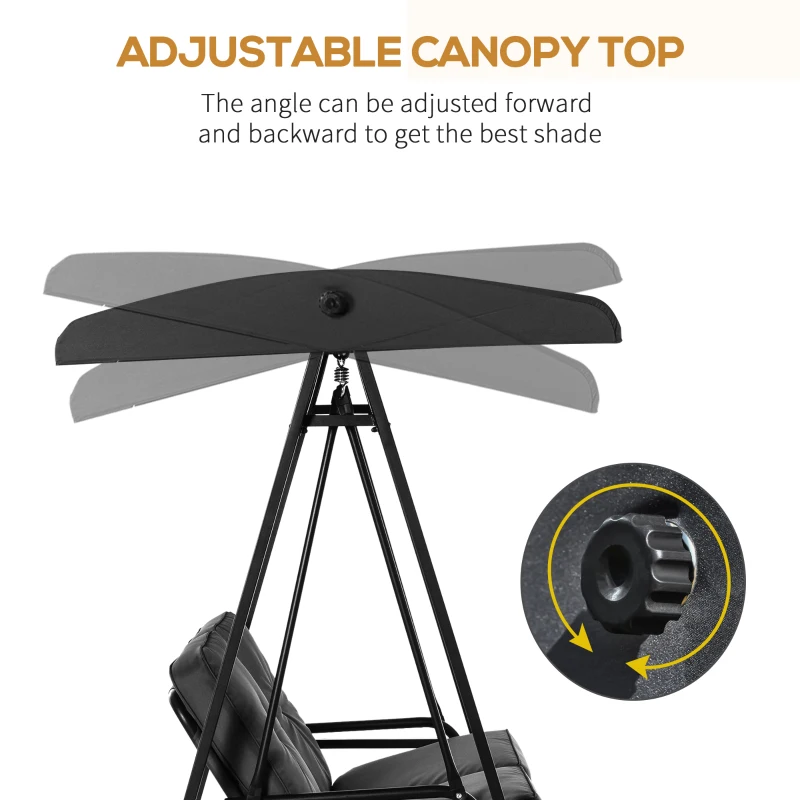 Outsunny 2 Seater Covered Outdoor Swing Chair Porch Swing Bench Lounger Hammock with Removable Cushion Tilt Canopy, Black