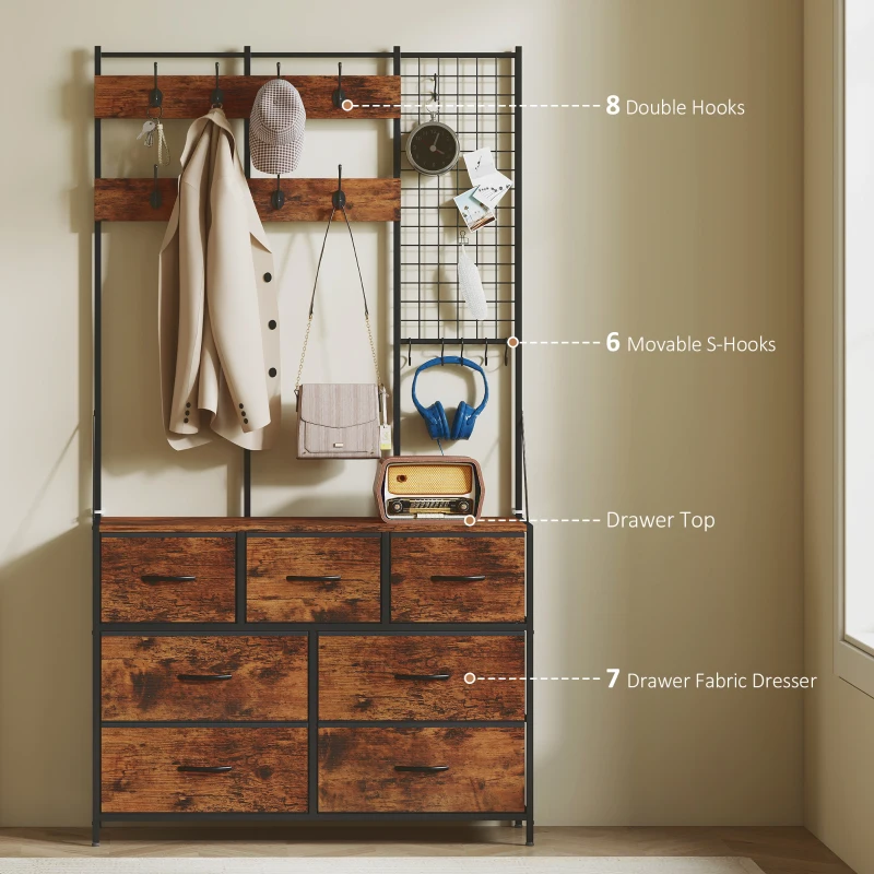 HOMCOM 4-In-1 Coat Rack with 7 Drawer Fabric Dresser, Hall Tree with 14 Hooks for Hallway, Entryway, Rustic Brown