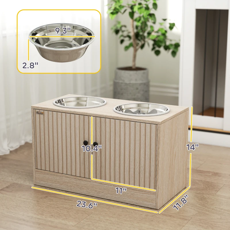 PawHut Elevated Dog Bowls with Storage Cabinet,  2 Stainless Steel Bowls, Slow Feeder, Dog Feeding Station for Large Dogs, Oak