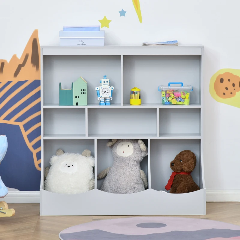 HOMCOM Kids Bookcase Toddler Toy Storage Organizer, Kid’s Bin Storage Unit Children Display Shelf Wardrobe for Toys Clothes Books Bedroom with Drawers, Grey