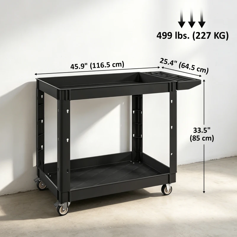 HOMCOM 2-Tier Rolling Tool Cart with Wheels, 500 LBS Capacity Plastic Utility Cart with Handle for Garage, Warehouse, Black