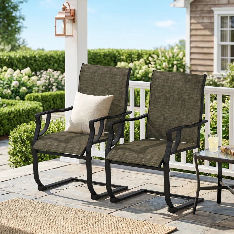 Outsunny C Spring Patio Dining Chairs Set of 2 with High Backrest, Armrest, Breathable Fabric & Metal Frame, 256LBS, Light Brown
