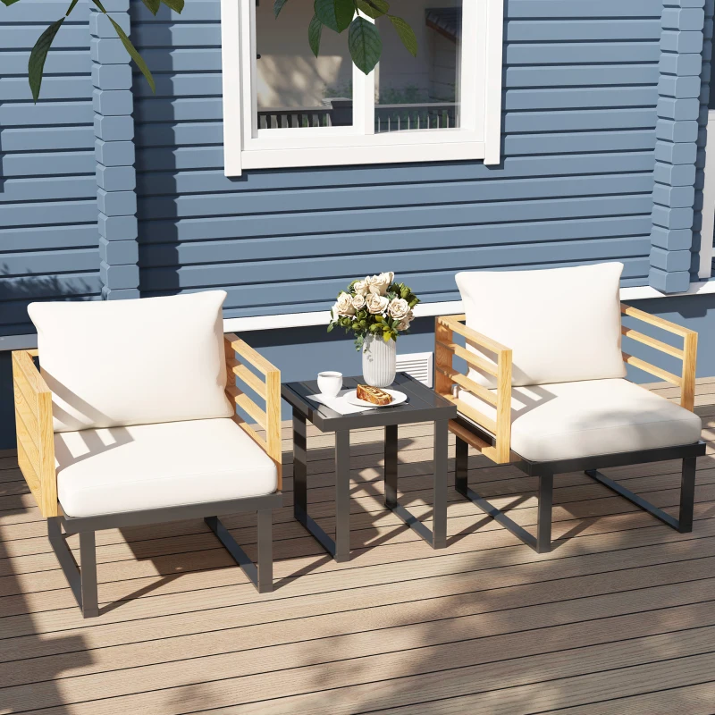 Outsunny 3 Piece Metal Bistro Set, Small Patio Furniture Set with Cushions, Armchairs, Slatted Table for Backyard Balcony, Beige