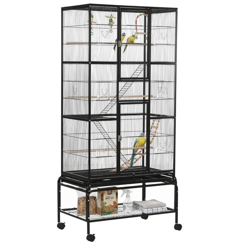 PawHut 71" Bird Cage with Wheels Perches, Ramp, Storage Shelf, Toys for Canaries, Finches, Cockatiels, Parakeets, Black
