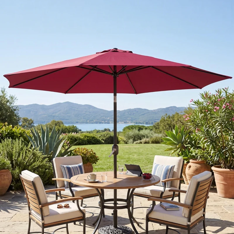 Outsunny 10' x 8' Round Market Umbrella, Patio Umbrella with Crank Handle and Tilt, Outdoor Parasol for Garden, Wine Red