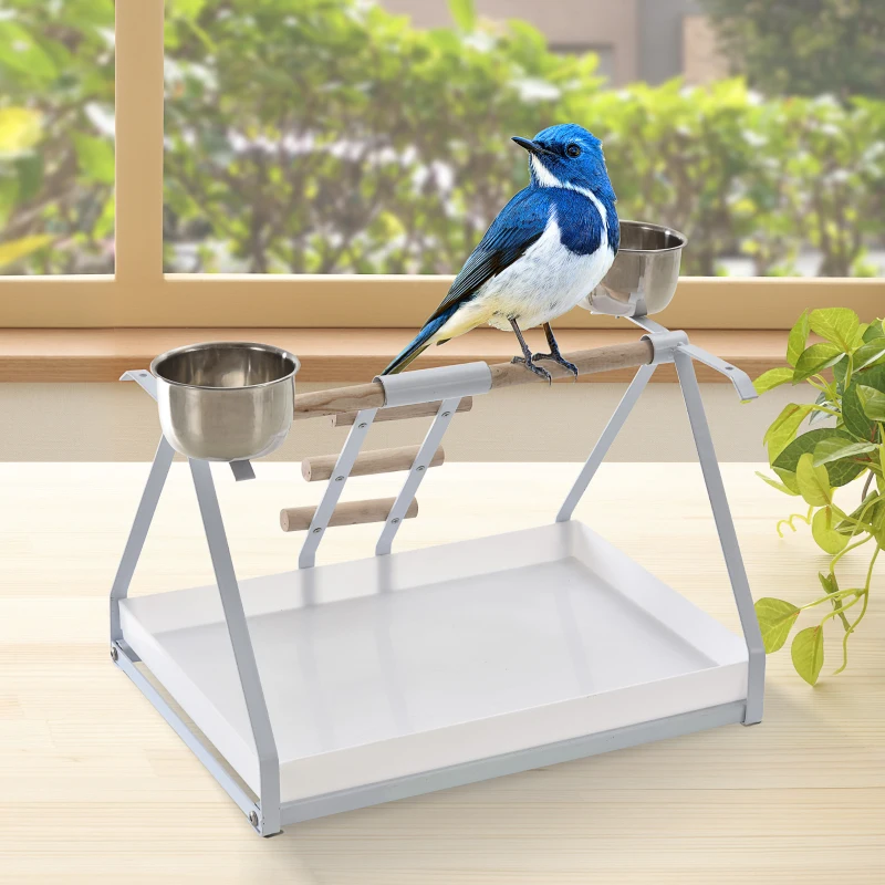 PawHut Portable Bird Play Perch Stand with Wooden Perch, Stainless Steel Feeding Bowls, & an Easy-Clean Tray, White