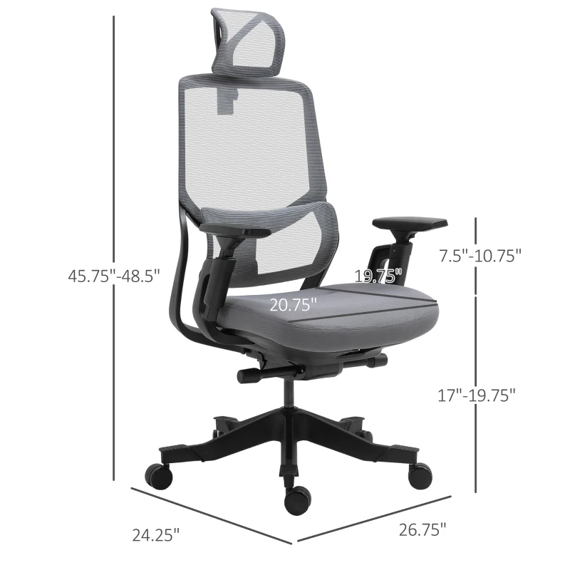 Vinsetto High Back Ergonomic Mesh Office Chair with Adjustable Height, Armrests, Lumbar Support and Headrest, Grey/Black