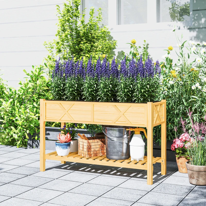 Outsunny Raised Garden Bed, 47 x 22 x 31.5 in. Elevated Wood Planter Box with Storage Shelf, Drainage Holes, and Liner, Natural