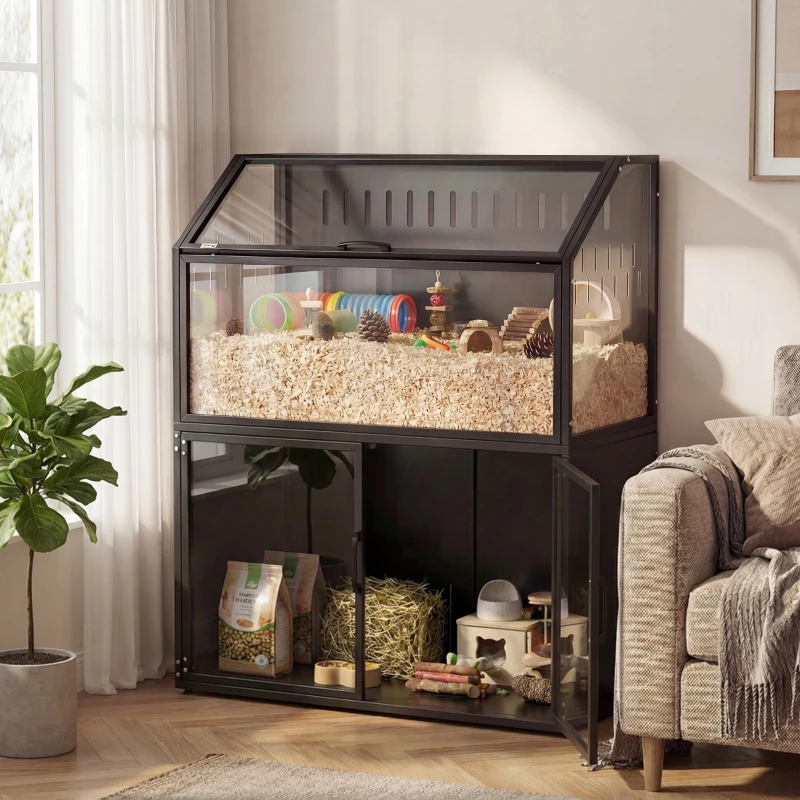 PawHut Hamster Cage with Storage Cabinet, Small Animal Cage with Easy View Acrylic Panels and Openable Top, Guinea Pig Habitat