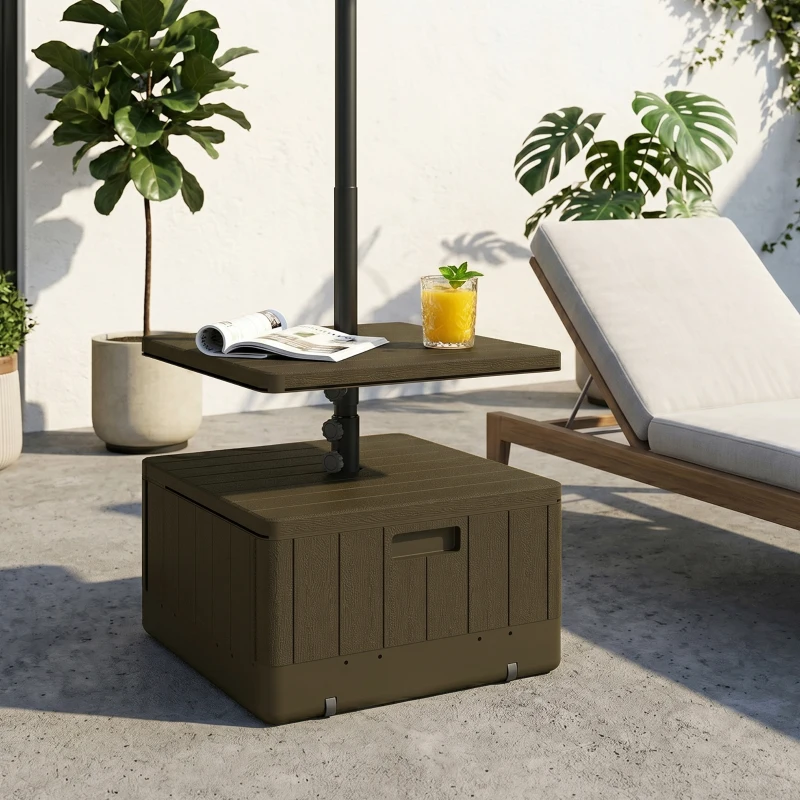 Outsunny Patio Umbrella Base with Table Tray, Heavy Duty Weighted Umbrella Stand， Wheels Handles, 176lbs，Stand Filling, Brown