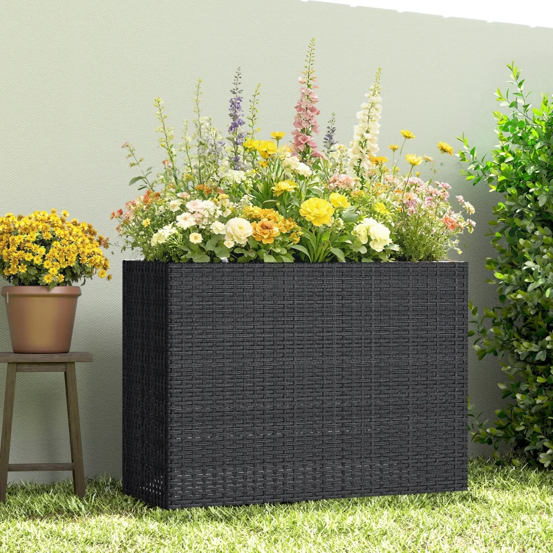 Outsunny Tall Rectangular Planter with Removable Liner, Holes, PE Wicker Large Planter Box for Indoor Outdoor Plants, Black