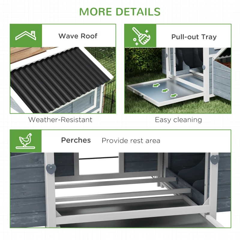 PawHut 11' x 5' x 3.5' Wooden Chicken Coop with Nesting Box, Run, Pull-out Tray, Perches for 2-4 Chickens, Dark Gray