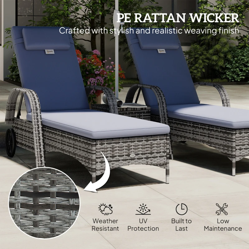 Outsunny Wicker Outdoor Chaise Lounge Chair Set of 3 with Side Table, 5-Level Adjustable Backrest PE Rattan Pool Lounge Chair with Wheels, Cushion & Headrest, Mixed Gray and Gray
