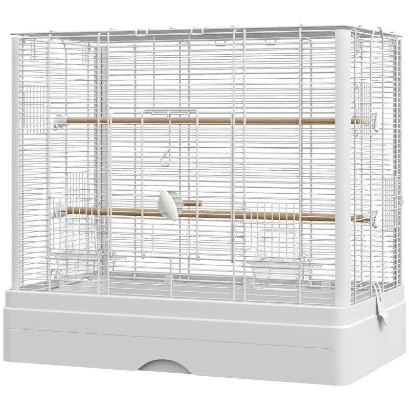 PawHut 22" Bird Cage for Budgie Finches Canaries Love Birds with Wooden Stands, Slide-Out Tray, Handles, Food Containers, White