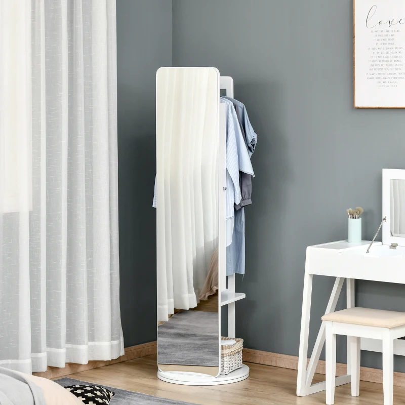 HOMCOM Full Length Glass Mirror with Hidden Jewelry Cabinet and Pine Wood Clothing Rack, White