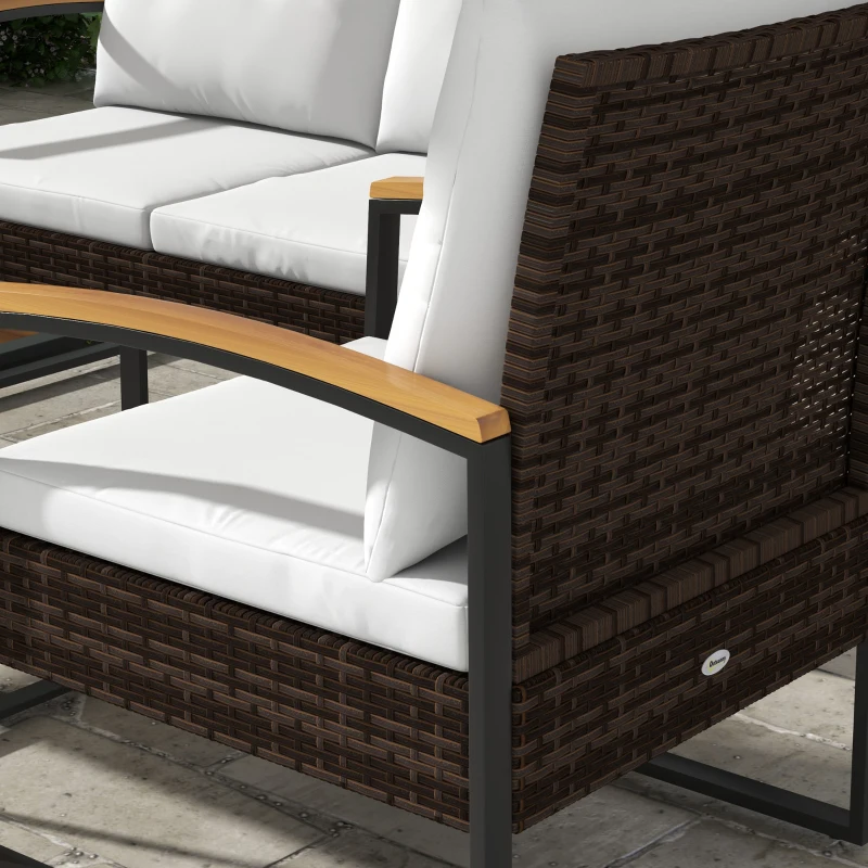 Outsunny 4 Piece Rattan Patio Furniture Set with Loveseat Sofa, Chair, Wood Coffee Table, Cushions for Outdoor, Backyard, White