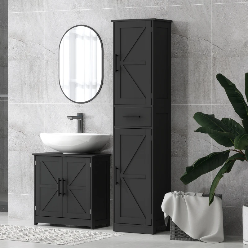 HOMCOM 67" Tall Bathroom Cabinet, Narrow Bathroom Storage Cabinet with Drawer, Barn Doors and Adjustable Shelves, Black