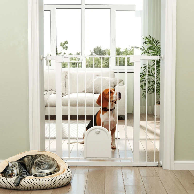 PawHut 30"-41" Extra Wide Pet Gate Barrier with Small Door, 35"H Dog Gate with Safety Gate Barrier, Stair Pressure Fit, White
