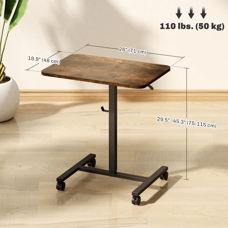 HOMCOM Height Adjustable Standing Desk, Pneumatic Sit Stand Desk with Wheels and Headphone Hook, Rustic Brown