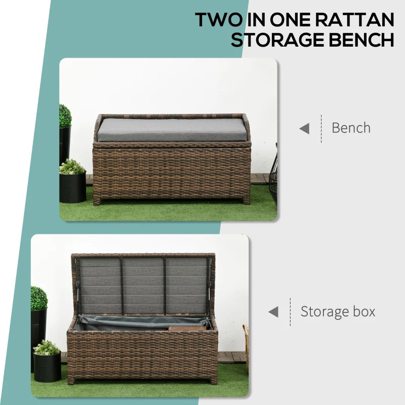 Outsunny 34 Gallon Outdoor Wicker Storage Bench Deck Box, PE Rattan Patio Furniture Pool Storage Bin Container with Interior Waterproof Cloth Bag and Comfortable Cushion, Gray