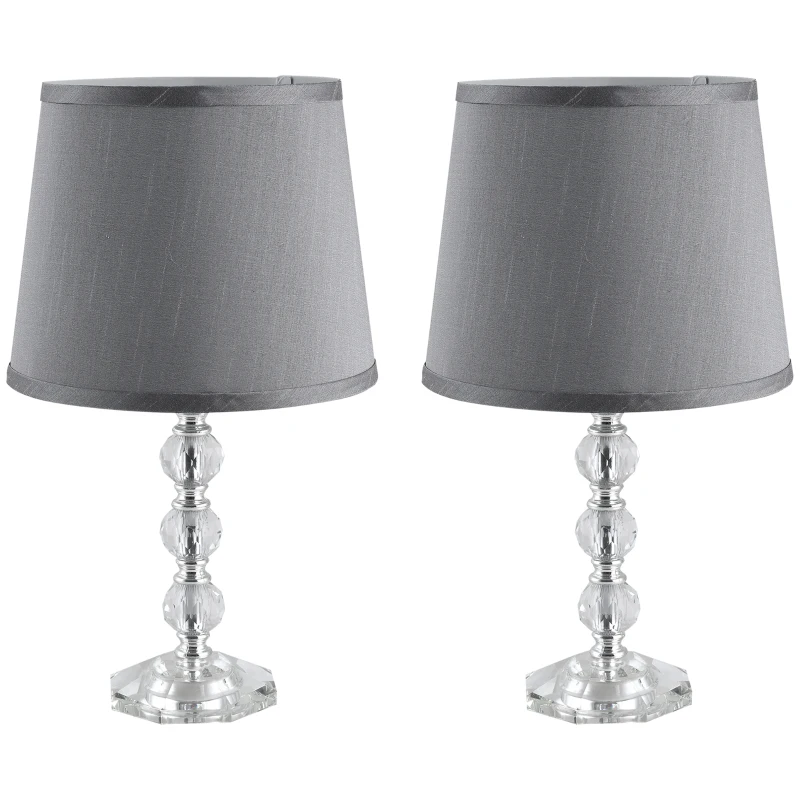 HOMCOM Crystallite Modern Table Lamps for Bedroom Set of 2, Bedside Desk Lamp for Home Office, Living Room Lamp Set with Fabric Lampshades, Gray