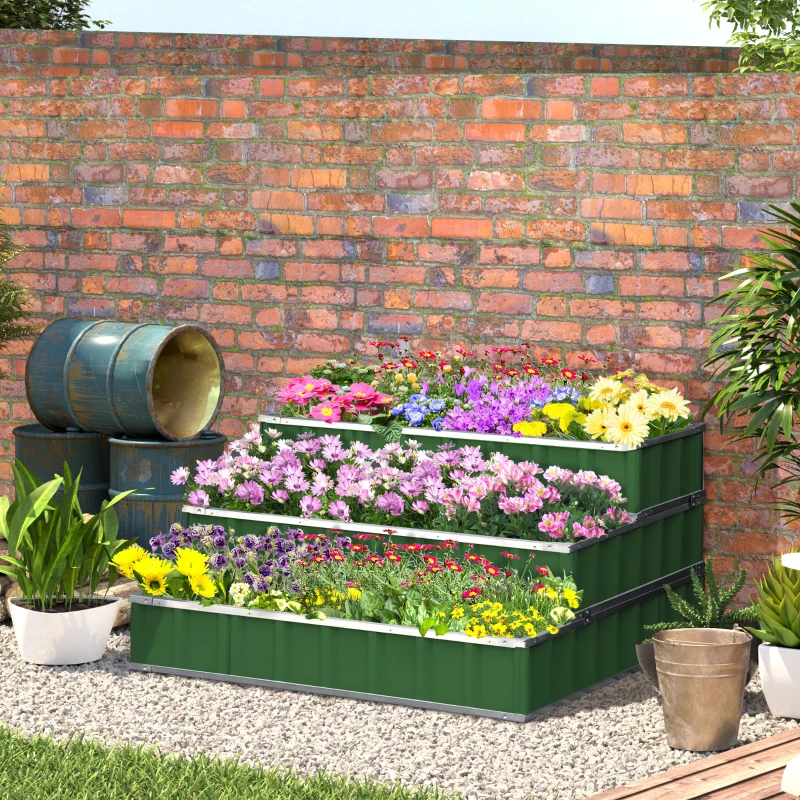 Outsunny 3 Tier Raised Garden Bed Outdoor Metal Patio Planter Box with Gloves, 4' x 4' x 2' for Backyard, Green